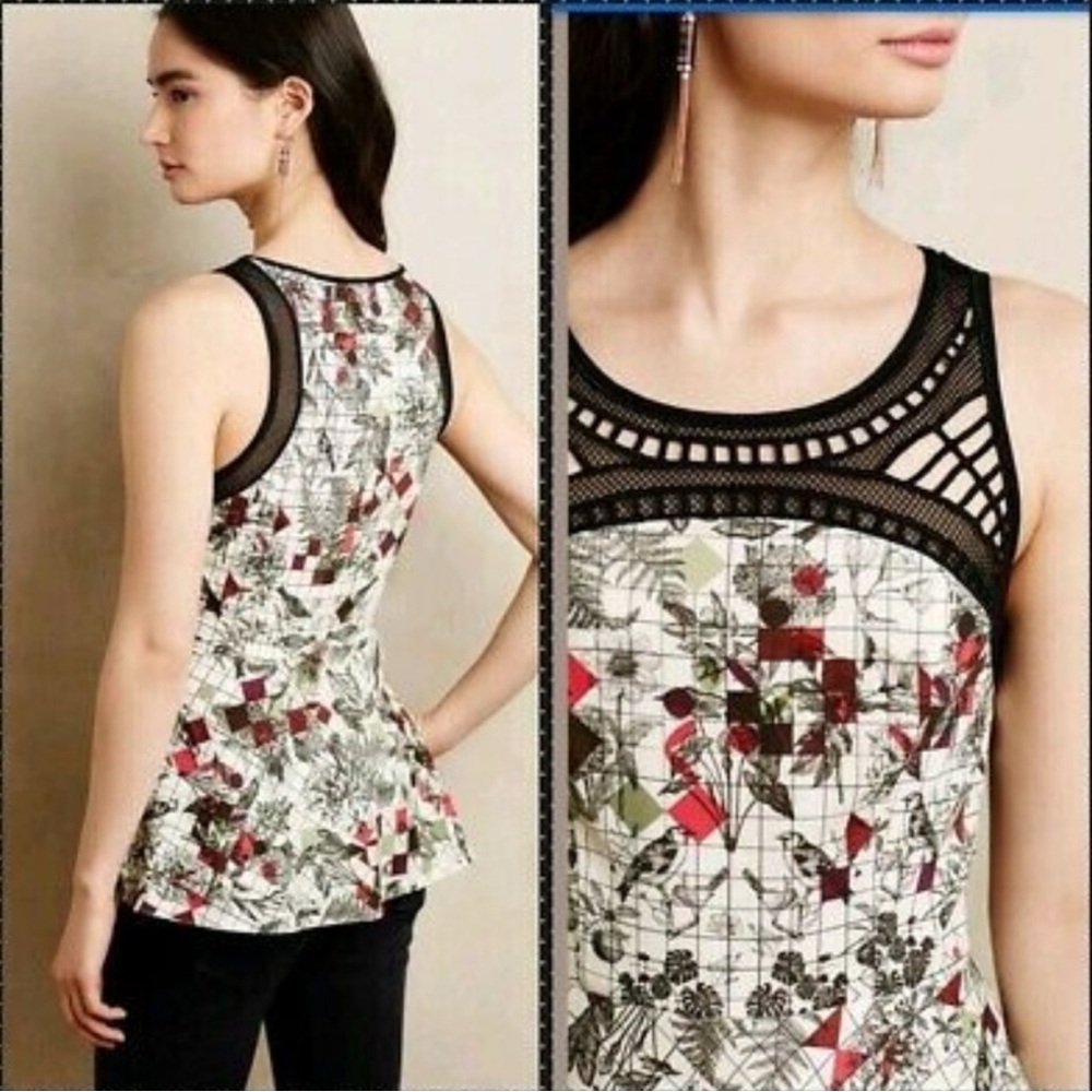 Ranna Gill “Dahlia” windowpane bird sleeveless peplum top